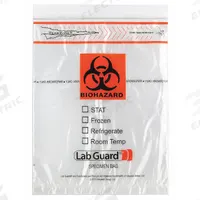 Specimen Transfer Bag: LDPE, Biohazard, 1.75 mil Thick, Clear, 10 in Overall Ht, 4915.ORG, 1,000 PK. Key specifications — Brand: MEDEGEN MEDICAL PRODUCTS; Closure Type: Zipper; Product Type: Dual Pouch Specimen Bag; Manufacturer Part Number: 4915.ORG; Color: Clear; Display Sell UOM: PK; Legend: Biohazard.