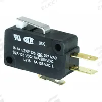 HONEYWELL Miniature Snap Action Switch: Roller Lever Actuator, 1NO/1NC, Quick Connect (MPN V7-1C17D8-002). Key specifications — AC Contact Rating: 15 A @ 125 V; Electrical Connection: Quick Connect; Series: V7; Brand: HONEYWELL.