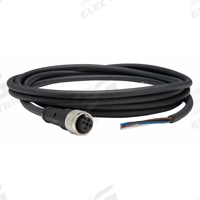 TELEMECANIQUE SENSORS Cordset: M12 Female Straight X Bare Wire, 4 Pins, Black, PUR, 5 m Cable Lg - Single-Ended Cordsets with PUR Jacket for Twisting Applications