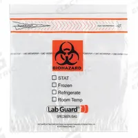 Specimen Transfer Bag: LDPE, Biohazard, 1.75 mil Thick, Clear, 10 in Overall Ht, 4925, 1,000 PK. Key specifications — Brand: MEDEGEN MEDICAL PRODUCTS; Closure Type: Zipper; Product Type: Dual Pouch Specimen Bag; Manufacturer Part Number: 4925; Color: Clear; Display Sell UOM: PK; Legend: Biohazard.