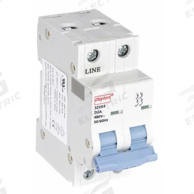 DAYTON IEC Supplementary Protector: 2 A Amps, 7.5kA at 480V AC, Screw Clamp, NDB2-63 - D-Curve, 2-Pole UL1077 DIN Rail-Mount Supplementary Protectors