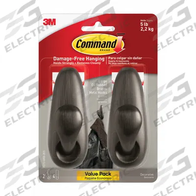 COMMAND Hook: 5 lb Wt Capacity, 1 Points per Hook, Bronze, 4 in Overall Ht, 4 in Base Ht - Indoor Decorative & Utility Adhesive-Backed Hooks