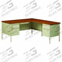 HIRSH L-Shaped Office Desk: Particle Board, Oak/Putty, 2 Pedestals, 5 Drawers, 66 in Overall Wd (MPN 20449). Key specifications — Desktop Material: Particle Board; Includes Modesty Panel: Yes; Kit Product Type: L-Shaped Office Desk; Desktop Color: Putty; Brand: HIRSH; Frame Color: Oak; Frame Material: Steel; Product Type: L-Shaped Office Desk.