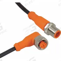 Cordset: M12 Male Right Angle X M12 Female Straight, 5 Pins, Black, PUR, 2 ft Cable Lg (MPN EVC016). Key specifications — Cable Jacket Color: Black; End 1 Gender: Male; End 1 Mounting Orientation: Right Angle; End 2 Gender: Female; End 2 Mounting Orientation: Straight; End 2 Connection Type: M12; IP Rating: IP69K; Brand: IFM.