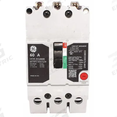 GE Molded Case Circuit Breaker: 60 A Amps, 65kA at 277/480V AC, Fixed, Lug - TEY-Frame GE Molded Case Circuit Breakers