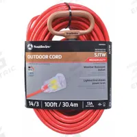 SOUTHWIRE Extension Cord: Outdoor Use, 100 ft Lg, Outlet, 5-15P, 14/3, SJTW, Red, Single Connector (MPN 2489SW8804). Key specifications — Brand: SOUTHWIRE; Temperature Rating: -40° to 140°F; NEMA Plug Configuration: 5-15P.