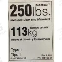 WERNER Duty Rating Label Replacement, 250 lb.: Fits Werner Brand (MPN LDR250). Key specifications — For Use With Grainger Item Number: 41D323; For Use With Mfr. Model Number: 560-3; Fits Brand: Werner; Product Type: Duty Rating Label Replacement, 250 lb.; Brand: WERNER.