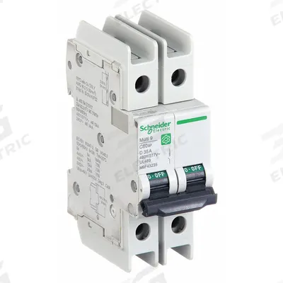 SCHNEIDER ELECTRIC IEC Miniature Circuit Breaker: 35 A Amps, 14kA at 120/240V AC, Screw Clamp - D-Curve, 2-Pole UL489 DIN Rail-Mount Miniature Circuit Breakers