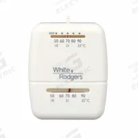 EMERSON Low Voltage Thermostat: Heat Only, RH/W, No Fan Setting, On-Off, On-Off/No Fan Setting (MPN 01C20 101S1). Key specifications — Application: Heat Only; Temperature Differential: 2°F Heating, 4°F Cooling; Voltage: 30V AC; Terminal Designations: RH; System Settings: On-Off; Temperature Control Range: 50° to 90°F; Shape: Rectangle; Brand: EMERSON.