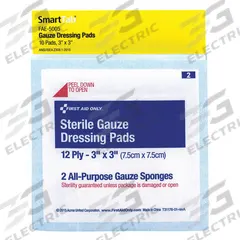 FIRST AID ONLY Gauze Dressing Pad: 3 in Dressing Lg, 3 in Dressing Wd, Gauze, Sterile, 10 PK (MPN FAE-5005). Key specifications — Water Resistance: Not Water Resistant; Self-Adhesion: Not Self-Adhering; Unitized: Unitized; Standards: ANSI/ISEA Z308.1-2015; Manufacturer Part Number: FAE-5005; Package Type: Bag; Product Type: Gauze Pad; Sterility: Sterile.