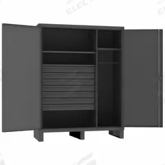 DURHAM MFG Storage Cabinet: 60 in x 24 in x 78 in, 5 Shelves, 7 Drawers, Swing Handle & Padlock Hasp (MPN HDWC246078-7M95). Key specifications — attr113683: (1) 18 in x 19-5/16 in; (4) 39-15/16 in x 20-7/8 in; attr113700: (4) Adjustable; (1) Fixed; attr113673: Legs; attr113674: Gray; attr113688: (7) 4 in x 35-1/4 in x 20-1/4 in; attr113685: Assembled.