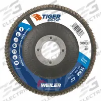 WEILER Flap Disc: Type 27, 4-1/2" x 7/8", Zirconia Alumina, 40 Grit, Phenolic Bk, High Density (MPN 50803). Key specifications — Connector Size: 7/8 in; Series: Tiger Big Cat; Backing Plate Material: Phenolic; Brand: WEILER.