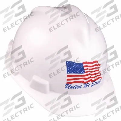 MSA Hard Hat: White, American Flag, Ratchet (4-Point), Ratchet, Polyethylene - Patriotic Front-Brim Hard Hats (Type 1, Class E)