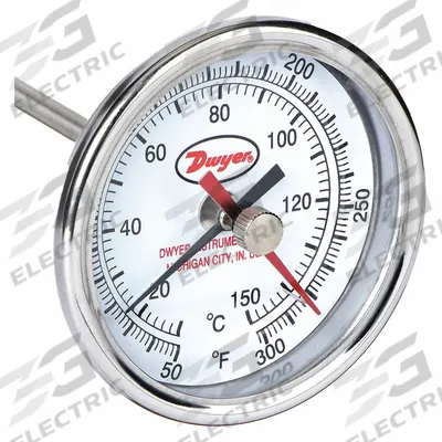 Dwyer Min/Max Dial Thermometer: 50°F to 300°F to 10°C to 148.9°C, +/- 2% Accuracy - Min/Max-Reading Thread-Mount Dial Thermometers