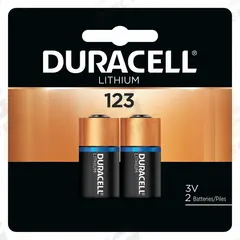 DURACELL Battery: 123 Battery Size, Lithium, 1,550 mAh Capacity, 3V DC, 2 PK (MPN DL123). Key specifications — attr114739: Lithium; attr117152: DURACELL.