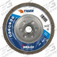 WEILER Flap Disc: Type 29, 4-1/2" x 5/8"-11, Zirconia Alumina, 80 Grit, Aluminum Bk, Std Density (MPN 50520). Key specifications — Connector Size: 5/8"-11; Series: Tiger; Brand: WEILER.
