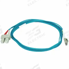 MONOPRICE Fiber Optic Patch Cord: Multi-Mode, 2 m Lg, LC End 1, SC End 2, Aqua, PVC, 2 Fiber Count (MPN 6391). Key specifications — Fire Rating: Riser; Jacket Material: PVC; Number of Fibers: Duplex; Brand: MONOPRICE; _Fiber Optic Cable Style: 50/125µ OM4.