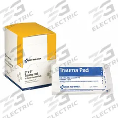 FIRST AID ONLY Trauma Pad: 9 in Dressing Lg, 5 in Dressing Wd, Cotton, Sterile, 10 PK (MPN J236). Key specifications — Water Resistance: Not Water Resistant; Unitized: Unitized; Standards: ANSI/ISEA Z308.1-2015; Manufacturer Part Number: J236; Package Type: Box; Product Type: Trauma Pad; Sterility: Sterile; Brand: FIRST AID ONLY.