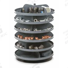 DURHAM MFG Revolving Storage Bin: 25 3/8 in x 17 in, 6 Levels, Flat Bottom, 4 Bins per Level (MPN 1106-95). Key specifications — attr37708: Hardware; attr37693: DURHAM MFG.