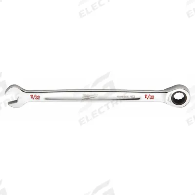 MILWAUKEE Ratcheting Combination Wrench: Chrome Vanadium Steel, Chrome, 11/32 in Head Size - SAE 12-Point Ratcheting Combination Wrenches