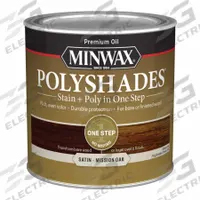 MINWAX Wood Stain: Wood Stain and Sealer, Interior, Oil, 0.5 pt Container Size, Wood, Satin, 1 Step (MPN 213854444). Key specifications — Brand: MINWAX; Transparency: Semi-Transparent; Use Location: Interior; Sheen: Satin; Sub-Brand: PolyShades; Color: Mission Oak.