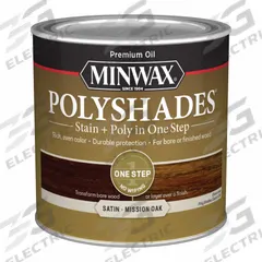 MINWAX Wood Stain: Wood Stain and Sealer, Interior, Oil, 0.5 pt Container Size, Wood, Satin, 1 Step (MPN 213854444). Key specifications — Brand: MINWAX; Transparency: Semi-Transparent; Use Location: Interior; Sheen: Satin; Sub-Brand: PolyShades; Color: Mission Oak.