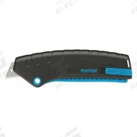 MARTOR Safety Knife: 139 mm Overall Lg, Steel Std Tip, Textured, Plastic, Black: Blue, Flip Cover (MPN 125001.02). Key specifications — attr307837: Flip Cover; attr307830: Steel Standard Tip; attr307833: Black: Blue; attr307831: Textured; attr307832: Plastic; attr324891: MARTOR.