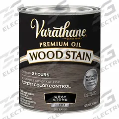 VARATHANE Wood Stain: Wood Stain, Interior, Oil, 1 qt Container Size, Wood, Satin, Gray Stone (MPN 381114). Key specifications — Brand: VARATHANE; Transparency: Semi-Transparent; Use Location: Interior; Sheen: Satin; Sub-Brand: Varathane; Color: Gray Stone.