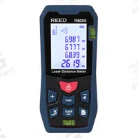 REED INSTRUMENTS Distance Meter: Inch/Metric, 1 7/8 in – 164 ft, ± 2 mm, AAA, ABS Plastic, LCD (MPN R8005). Key specifications — attr938983: Meters; attr938974: Pythagoras (2 Points); attr934751: REED INSTRUMENTS; attr938968: ± 2 mm; attr938975: Case; attr938977: Red.