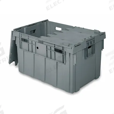 BUCKHORN Attached Lid Tote: 45.6 gal, 34 in x 24 in x 19 5/8 in, Gray Body, Gray Lid - Colored Attached-Lid Totes with Two-Piece Lids