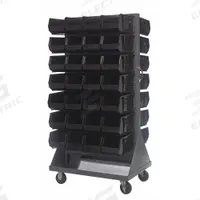 QUANTUM STORAGE SYSTEMS Mobile Louvered Floor Rack: 36 in x 24 in x 72 in, 56 Bins Included, Black (MPN QMD-36H-240BK). Key specifications — Bin Width: 8-1/4 in; Color: Gray; Caster Wheel/Configuration: (2) Swivel; Caster Wheel/Tread Material: Hard Rubber; Bin Color: Black; Bin Depth: 14-3/4 in; Bin Height: 7 in; Brand: QUANTUM STORAGE SYSTEMS.