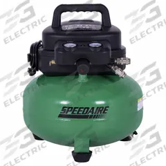 SPEEDAIRE Portable Air Compressor, Oil Free, 1HP, 6 Gal, Pancake, 2.6CFM@90 PSI, 120V AC, 12.0 AMP. (MPN 810RA7). Key specifications — attr48686: Oil Free; attr48685: 120V AC; attr48689: 2.6 cfm; attr48678: 12 A; attr48671: SPEEDAIRE; attr124308: Standard (75 dBA or more).