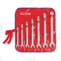 PROTO Combination Wrench Set: Alloy Steel, Satin, 7 Tools, 3/8 in to 3/4 in Range of Head Sizes (MPN J1270A). Key specifications — attr309520: Satin; attr309519: Alloy Steel; attr324929: PROTO; attr309512: Canvas Pouch; attr309522: No; attr309533: Yes.