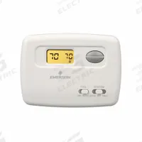 EMERSON Low Voltage Thermostat: Heat or Cool, Manual, B/G/O/RC/RH/W/Terminal Designations, Auto-On (MPN 01F78 144S1). Key specifications — Application: Heat or Cool; Key Features: Selectable Celsius or Fahrenheit Temperature Display; Temperature Differential: 0.8° to 1.5°F; Voltage: 30V AC; Terminal Designations: Y; System Settings: Cool-Heat-Off; Temperature Control Range: 45° to 99°F; Changeover Type: Manual.
