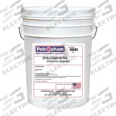PETROCHEM Compressor Oil: 5 gal, Pail, 30 SAE Grade, 100 ISO Viscosity Grade, 94 Viscosity Index (MPN SYN-COMP D-100-005). Key specifications — attr59744: 94; attr59746: 100; attr59736: No; attr59735: Pail; attr59738: Syncomp D-100; attr59749: 30.