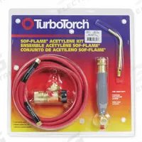 TURBOTORCH Air/Acetylene Kit: Soft Flame, CGA-520, External Lighter, Sof-Flame Series, Torch Kit (MPN 0386-0090). Key specifications — Kit Series: Sof-Flame; Flame Type: Soft; Compatible Fuel Cylinder Size: B; Included Acetylene Regulator CGA Number: CGA-520; Included Tip Manufacturer Part Number: S-4; Connection Type: Threaded; Manufacturer Part Number: 0386-0090; Brand: TURBOTORCH.