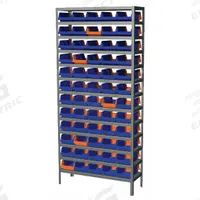 AKRO-MILS Bin Shelving: 36 in x 12 in x 79 in, 1 Sided, 60 Bins, Open, Indicator Bin, Blue/Orange (MPN AS127936462B). Key specifications — Includes Bins: Yes; Bin Material: Polymer; Frame Color: Gray; Bin HxWxD: (60) 4 in x 6-3/4 in x 11-5/8 in; Frame Material: Steel; Bin Color: Blue; Orange; Brand: AKRO-MILS.