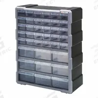 QUANTUM STORAGE SYSTEMS Drawer Bin Cabinet: 15 in x 6 1/4 in x 18 3/4 in, 39 Drawers, Stackable (MPN PDC-39BK). Key specifications — attr66719: Plastic; attr66728: No; attr66758: Heavy Duty; attr66722: Clear; attr66720: Drawer; attr66726: (30) 5-1/2 in x 2 in x 1-1/4 in; attr66716: Black; attr66753: Polypropylene.