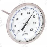 ASHCROFT Dial Thermometer: -20°F to 120°F /-30°C to 50°C, ±1% Accuracy, 9 in Stem Lg, 5 in Dial Dia (MPN 50EI60E). Key specifications — Accuracy: ±1 %; Brand: ASHCROFT.