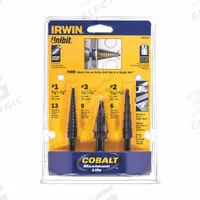IRWIN Step Drill Bit Set: 3 Pc, 1/8" to 3/4", Black Oxide Cobalt, 135° Point (MPN 10502cb). Key specifications — attr1239053: Not Impact Rated.