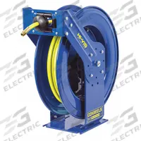 Spring Return Hose Reel: 50 ft (3/8 in I.D.), 3/8 in MNPT, 300 psi Max Op Pressure, Brass, Blue (MPN TSH-N-350-HV). Key specifications — Reel Color: Blue; Hose Capacity: 50 ft (3/8 in I.D.); Overall Dimensions: 19-1/2 in L x 9-3/8 in W x 21-1/4 in H; Swivel Material: Brass; Hose End Configuration: 3/8 in MNPT; Brand: COXREELS.