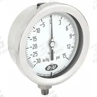 DURO Industrial Compound Gauge: 0 psi to 15 psi, White, 4 1/2 in Dial, 1/4 in NPT Male, Bottom, 4 (MPN 4.2072113E7). Key specifications — Brand: DURO; Pointer Color: Black; Accuracy: ±0.5%; Dial Color: White; Gauge Wetted Parts: Stainless Steel; Case Material: Stainless Steel; Vibration Resistance Properties: None; Pressure Range: 0 psi to 15 psi.