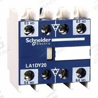 SCHNEIDER Auxiliary Contact Block: 2NO, 0.1 A Max Current (AC), Front Mount, Front-Mounted (MPN LA1DX20). Key specifications — Brand: SCHNEIDER; Compatible with Series: TeSys Deca.