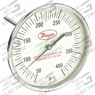 Dwyer Glow-in-the-Dark Dial Thermometer: 50°F to 400°F, +/- 1% Accuracy, 5 in Dial Dia - Adjustable-Angle Glow-in-the-Dark Thread-Mount Dial Thermometers