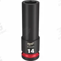 MILWAUKEE Deep Impact Socket: 1/2 in Drive Size, Metric, 14 mm Socket Size, 6-Point, Deep, Friction (MPN 49-66-6275). Key specifications — attr1215501: MILWAUKEE; attr1215515: Black Phosphate; attr1215518: 14 mm.