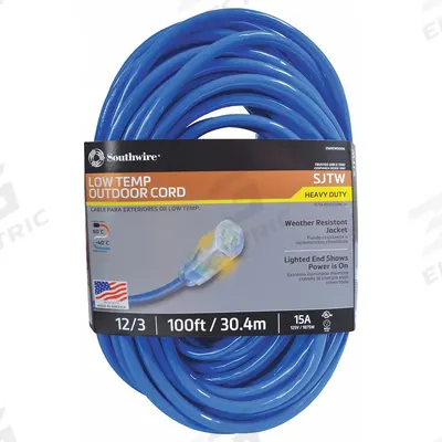 SOUTHWIRE Extension Cord: Outdoor Use, 100 ft Lg, Outlet, 5-15P, 12/3, SJTW, Blue - Outdoor Extension Cords with Single Outlet