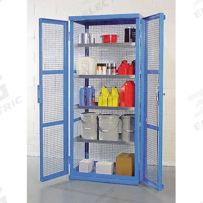 DENIOS Enclosed Containment Shelves: 38 in x 28 in x 87 in, 4 Adj Shelves, Frame - Spill-Control Industrial Ventilated Shelf Cabinets