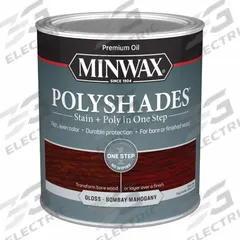 MINWAX Wood Stain: Wood Stain and Sealer, Interior, Oil, 1 qt Container Size, Wood, Gloss, Minwax (MPN 61480444). Key specifications — Brand: MINWAX; Transparency: Semi-Transparent; Use Location: Interior; Sheen: Gloss; Sub-Brand: Minwax; Color: Bombay Mahogany.