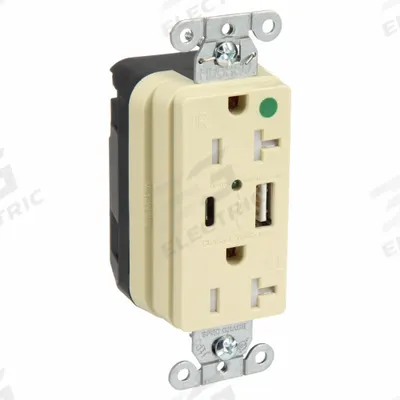 HUBBELL Receptacle: Duplex, 5-20R, 2 USB Ports, USB Type A/C, Ivory, 125V AC - Hospital-Grade Receptacles with USB Chargers