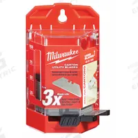 MILWAUKEE Safety Blade: 3 15/16 in Blade Lg, 3/4 in Blade Wd, 0.025 in Blade Thick, Steel, 50 PK (MPN 48-22-1954). Key specifications — attr307708: Most Standard Snap Off Utility Knives; attr307711: Steel; attr324888: MILWAUKEE.